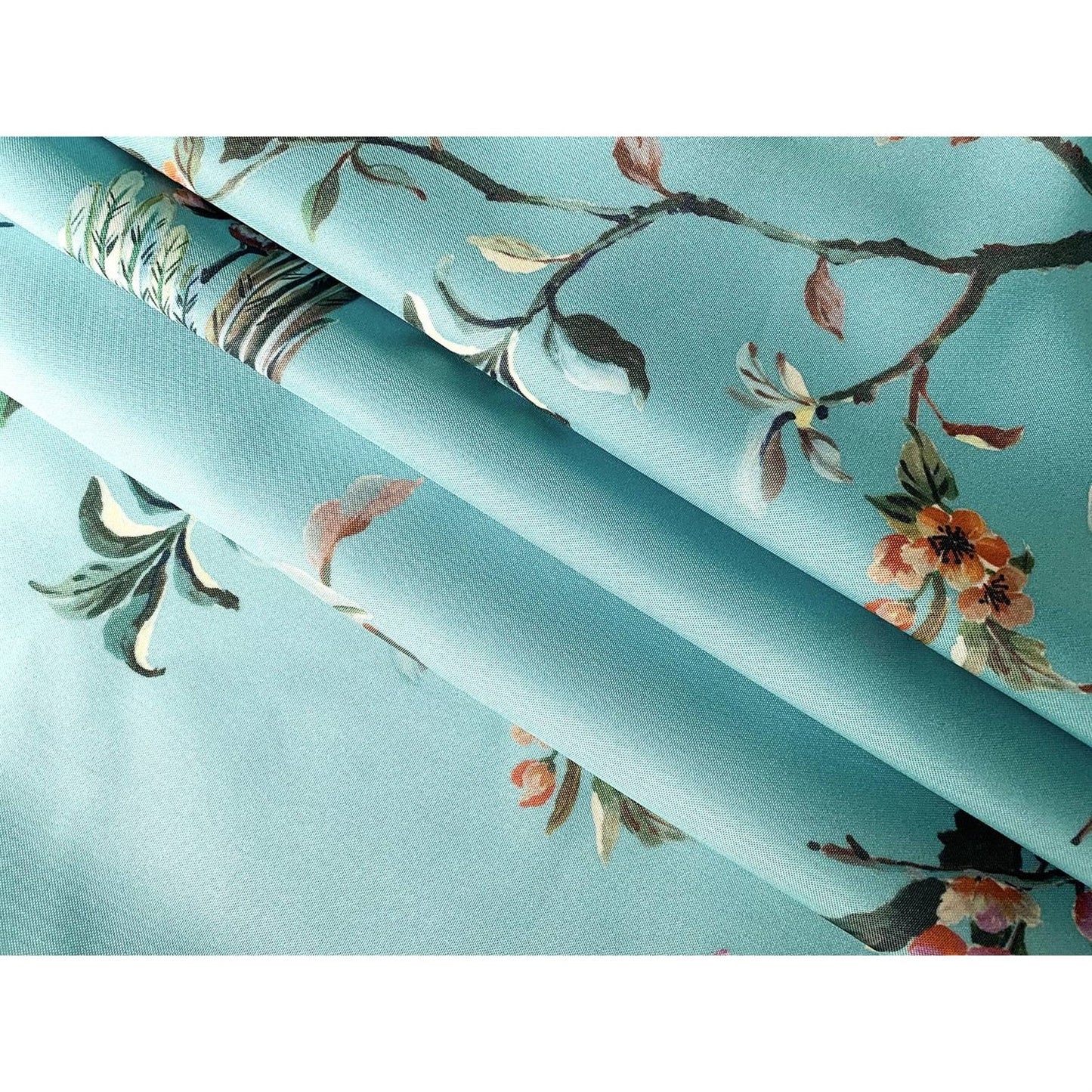 Cortina de ducha de estilo japonés con diseño floral de árbol, pájaros y mariposas en azul verdoso, 72 pulgadas