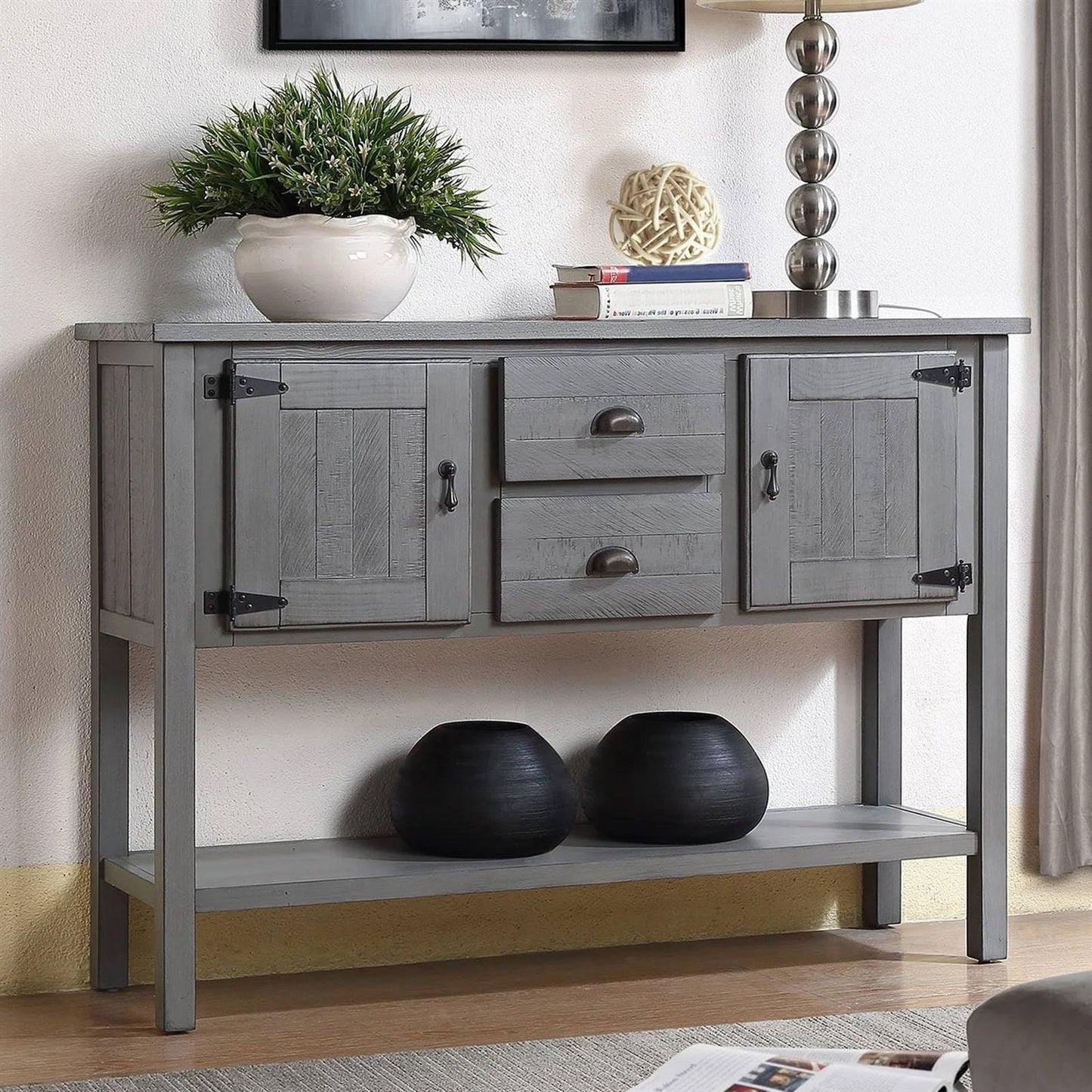 Mueble auxiliar rústico de madera maciza con cajones de almacenaje en gris