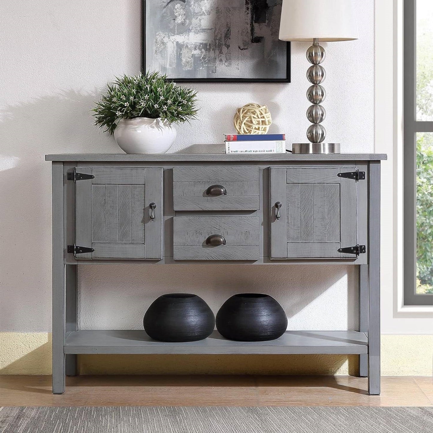 Mueble auxiliar rústico de madera maciza con cajones de almacenaje en gris