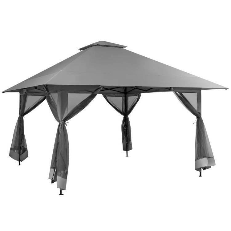 Cenador Pop-Up Gris de 13 x 13 pies con Paredes Laterales de Malla Antimosquitos para Exteriores