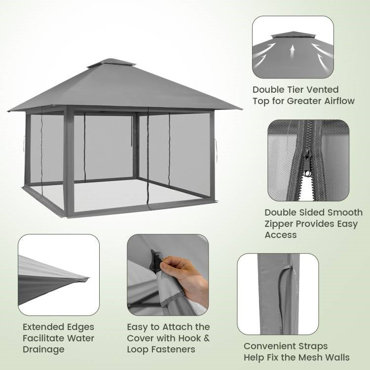 Cenador Pop-Up Gris de 13 x 13 pies con Paredes Laterales de Malla Antimosquitos para Exteriores