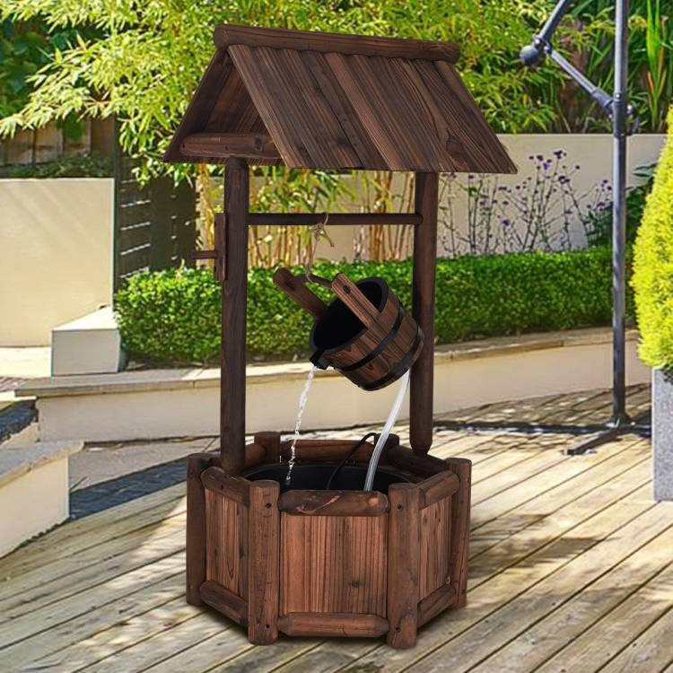 Fuente de agua con bomba de madera maciza para jardín/patio exterior con pozo de los deseos