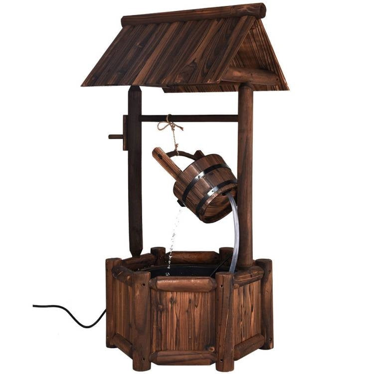 Fuente de agua con bomba de madera maciza para jardín/patio exterior con pozo de los deseos