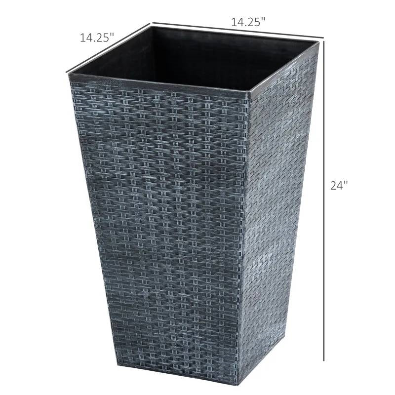 Juego de 3 macetas grandes y altas de plástico de imitación ratán gris