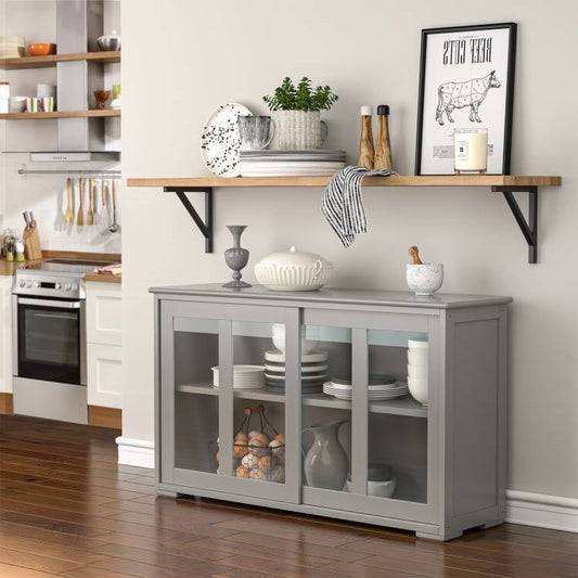 Mueble aparador bufé de madera gris para cocina y comedor con puerta corrediza de vidrio
