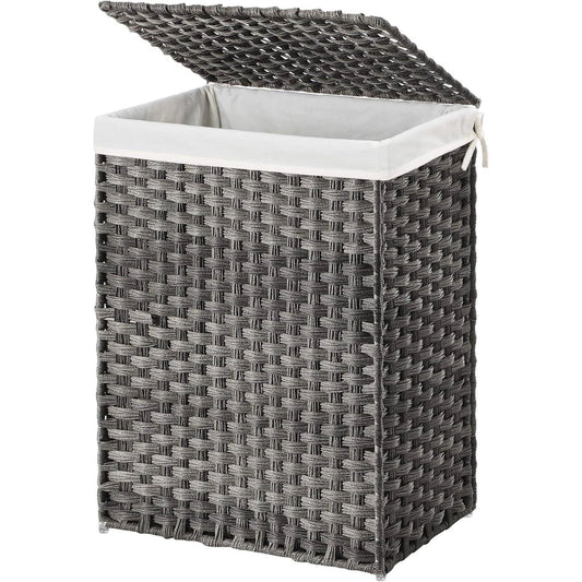 Cesto para la ropa sucia de mimbre de plástico gris con tapa y bolsa interior de algodón extraíble