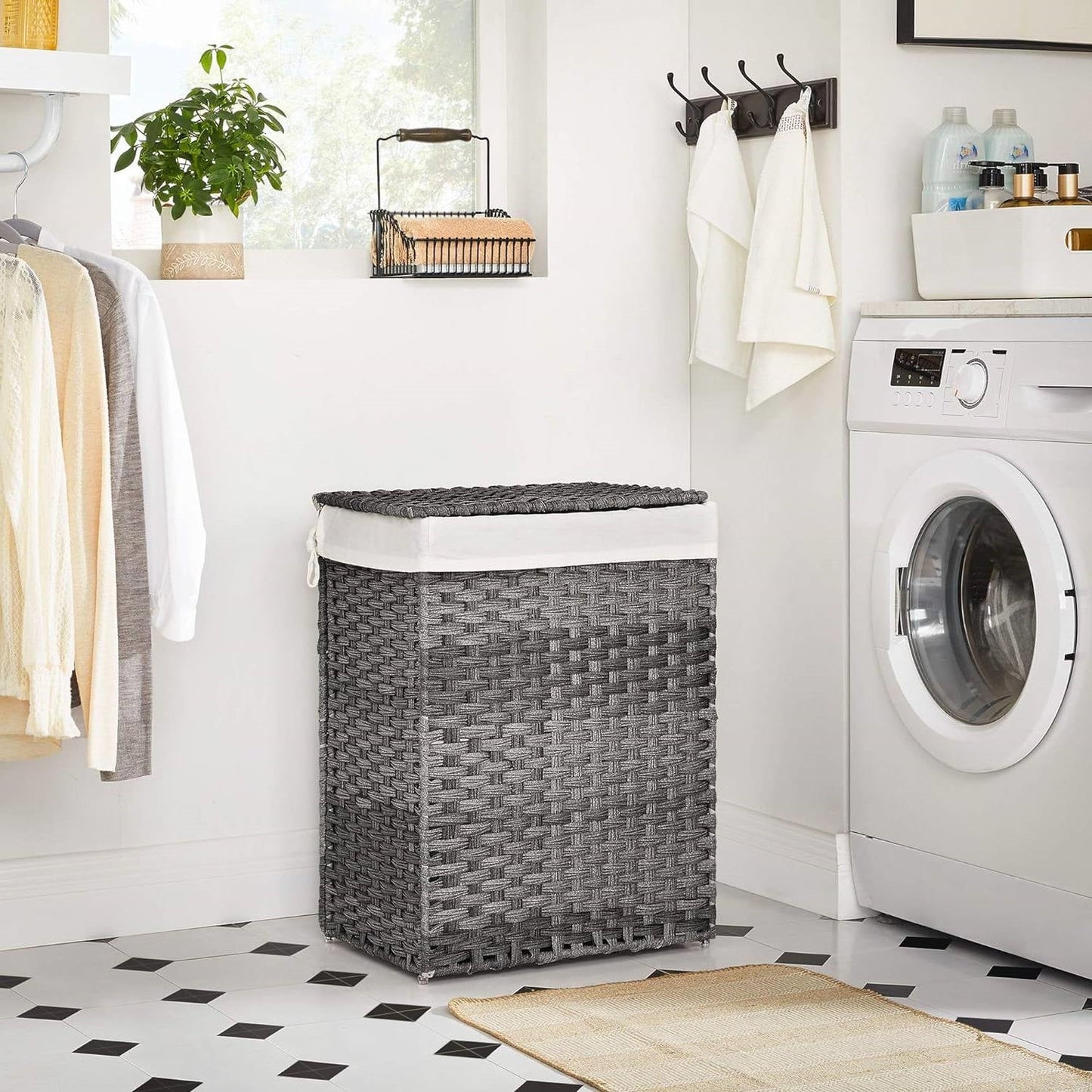Cesto para la ropa sucia de mimbre de plástico gris con tapa y bolsa interior de algodón extraíble