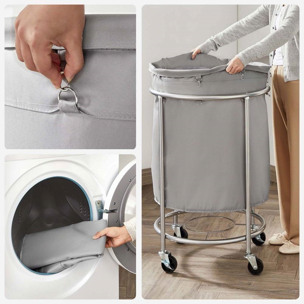 Cesto de ropa redondo de 45 galones con bolsa de tela gris, estructura de acero y ruedas