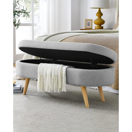 Banco de almacenamiento para dormitorio de lino gris, estilo bohemio moderno de mediados de siglo