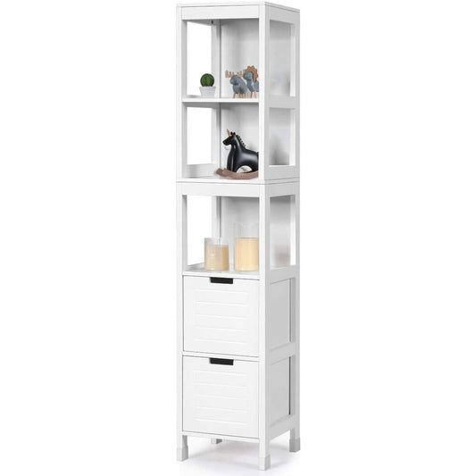 Mueble de Baño Tipo Torre con 2 Cajones y 3 Estantes en Acabado de Madera Blanca