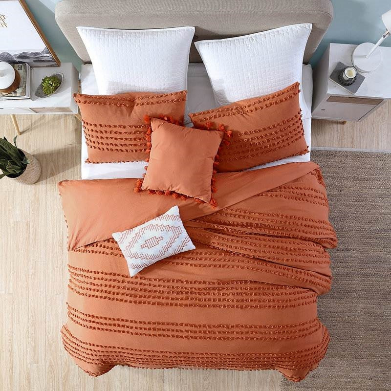 Juego de edredón Full/Queen de 5 piezas 100 % algodón con puntos en relieve en naranja ladrillo