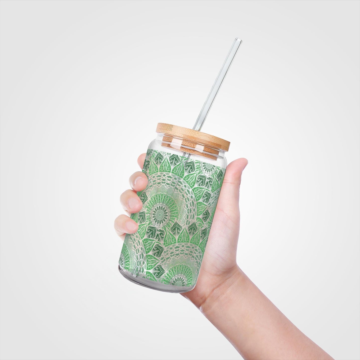 Boho Green Mandalas 16 oz Glass With Lid and Straw