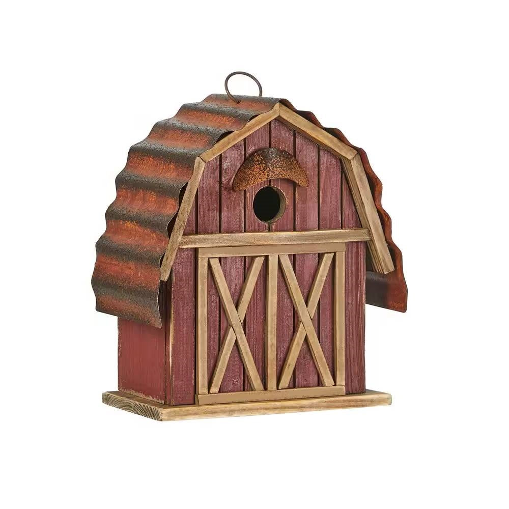 Casita para pájaros colgante de estilo granero, de metal y madera roja para exteriores