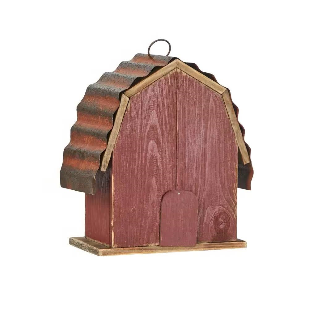 Casita para pájaros colgante de estilo granero, de metal y madera roja para exteriores