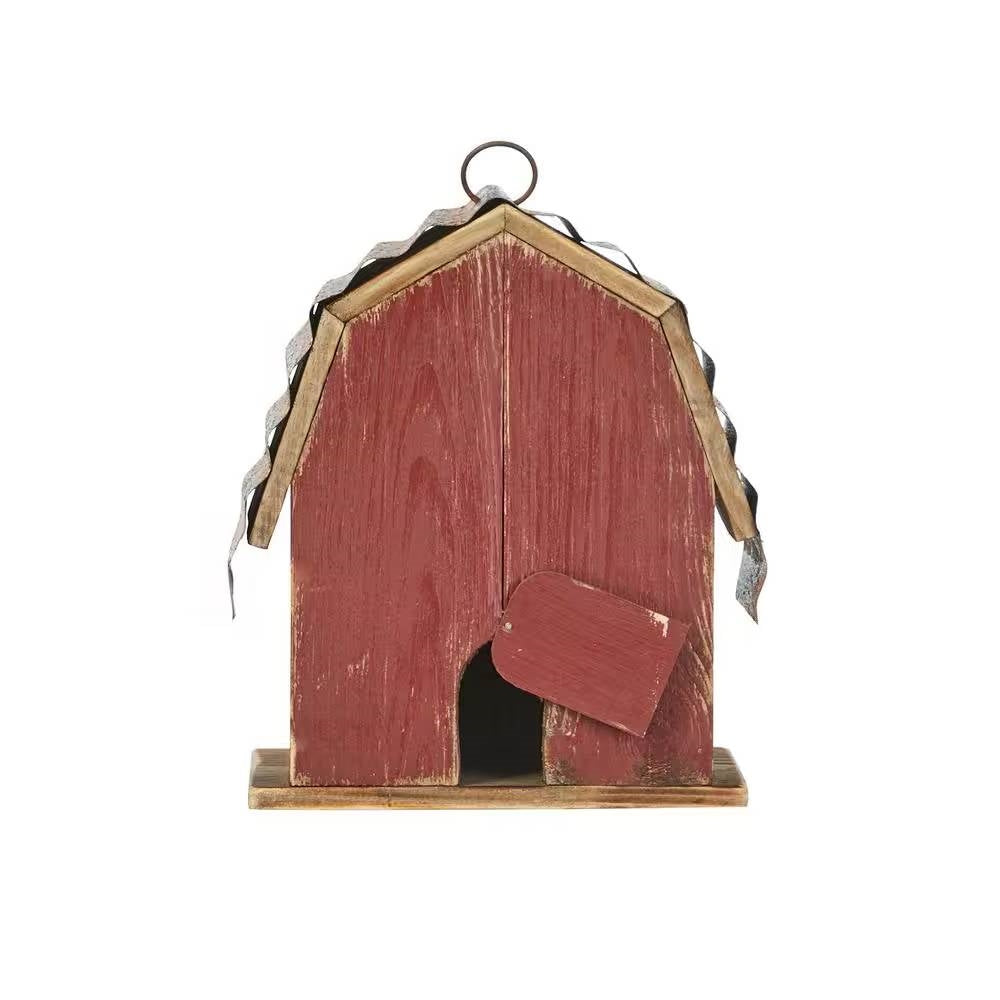 Casita para pájaros colgante de estilo granero, de metal y madera roja para exteriores