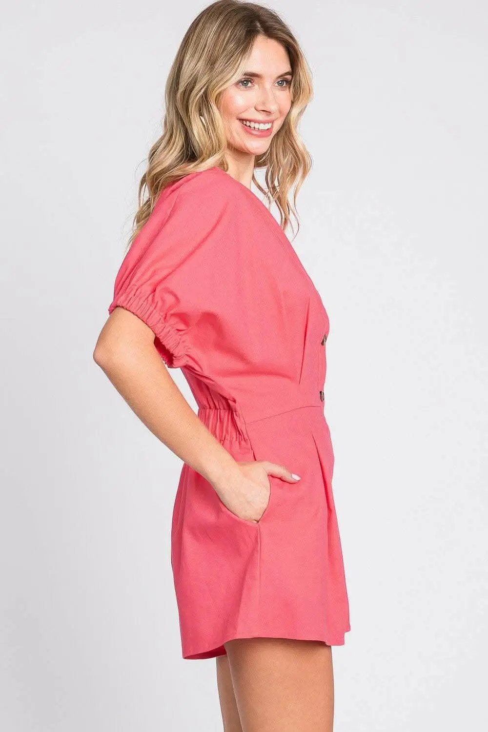 Vestidos Tendencia GeeGee Romper de Lino con Botones y Cuello en V