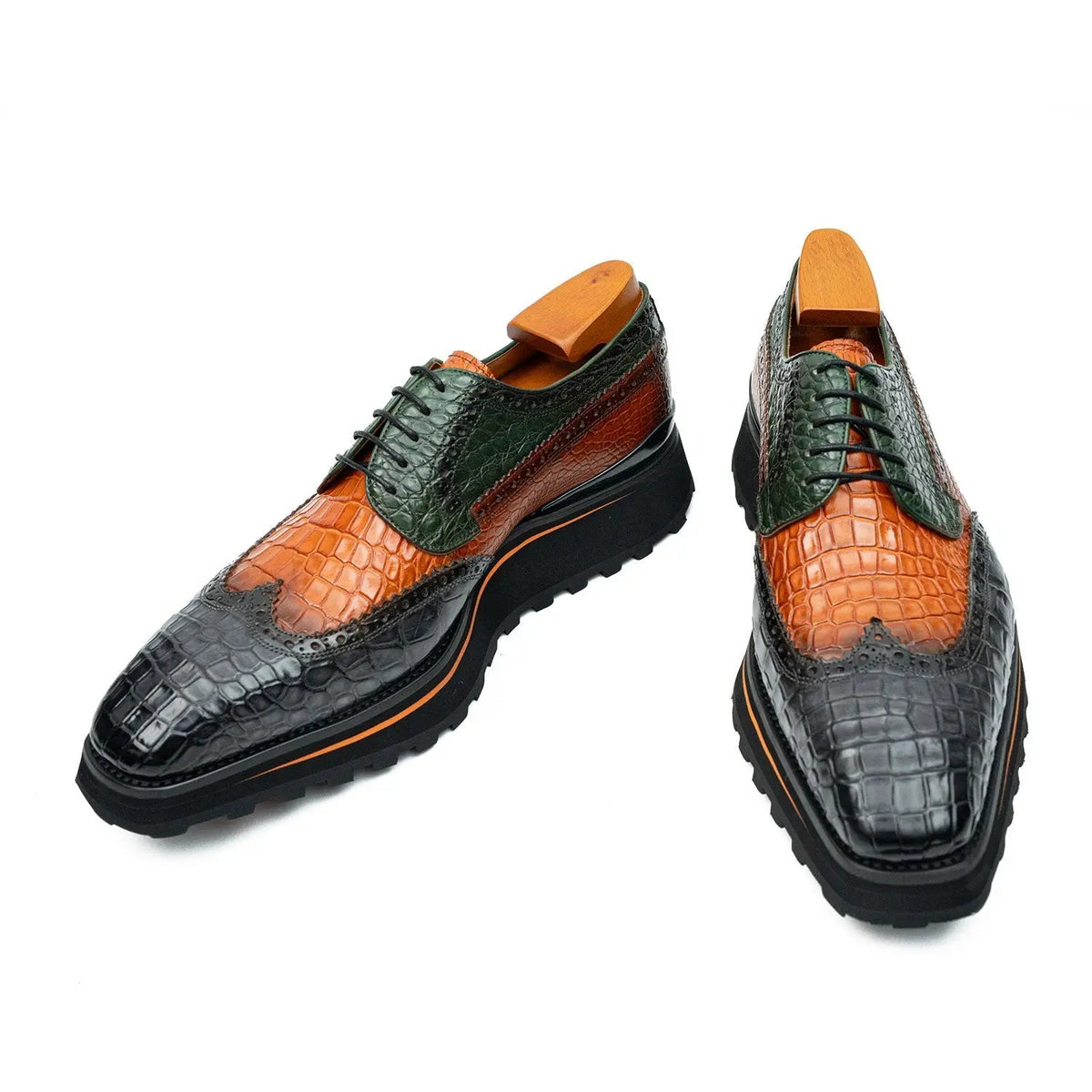 Multicolor Wingtip Crocodile Leather Derby Shoes