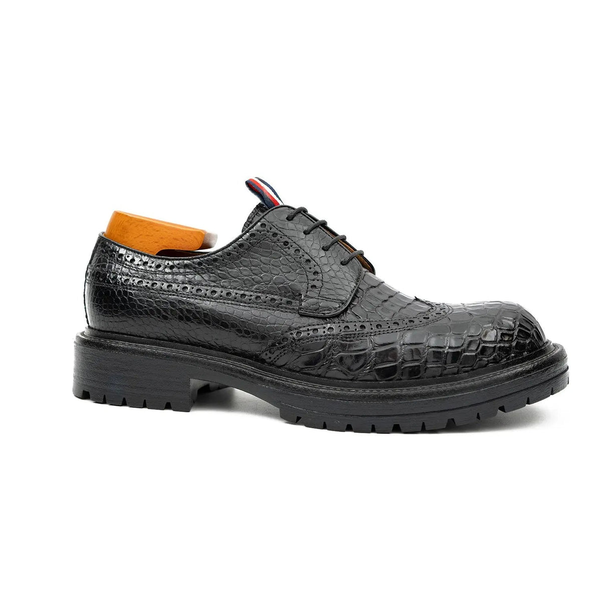 Black Wingtip Crocodile Leather Derby Shoes