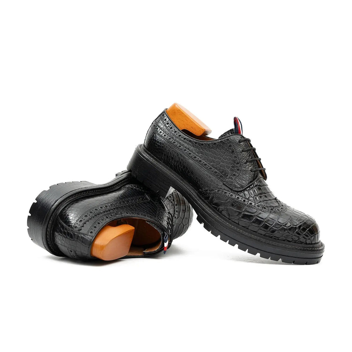 Black Wingtip Crocodile Leather Derby Shoes