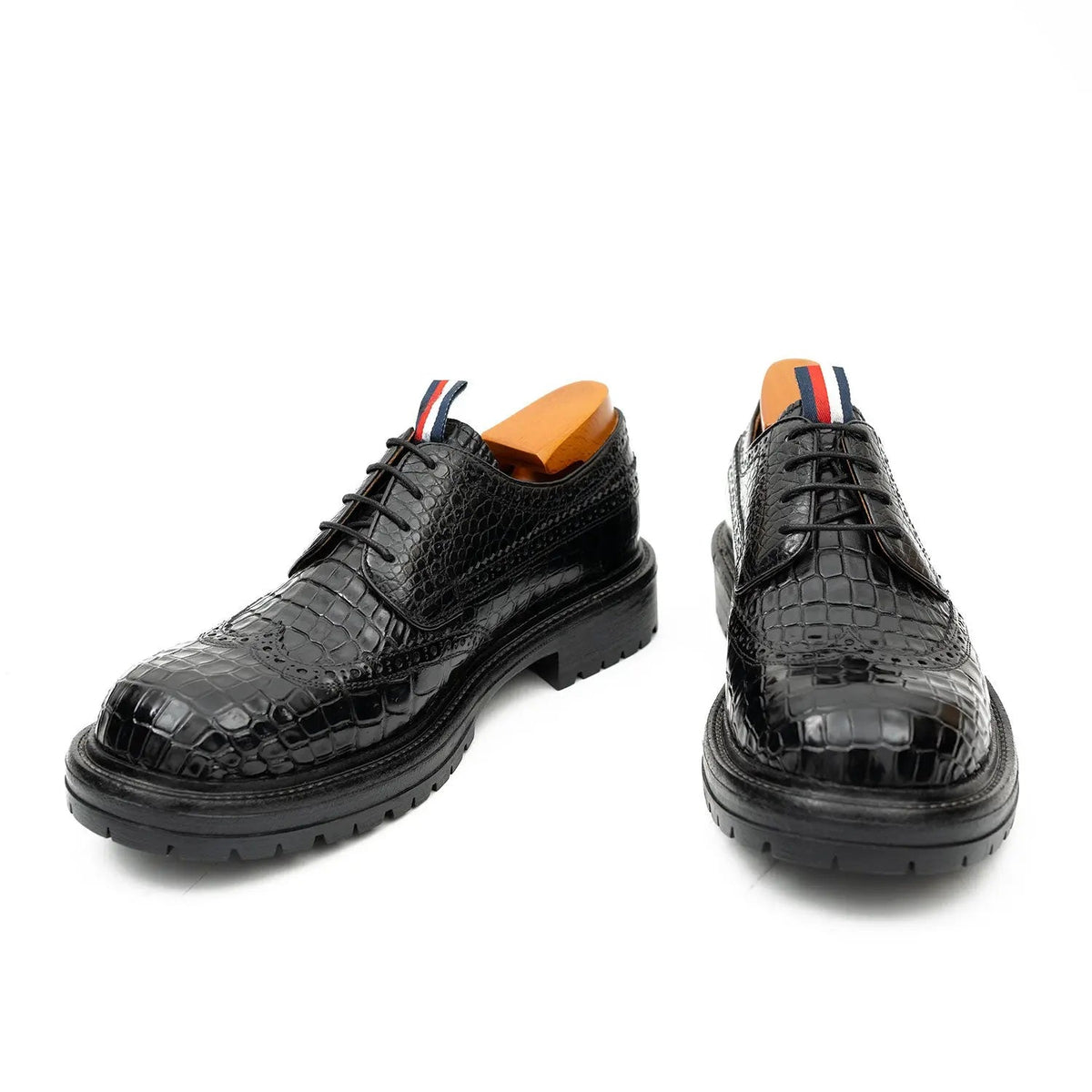 Black Wingtip Crocodile Leather Derby Shoes