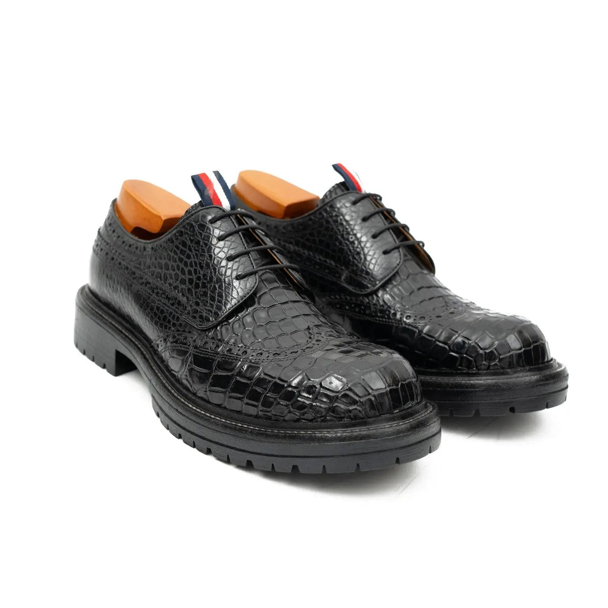 Black Wingtip Crocodile Leather Derby Shoes