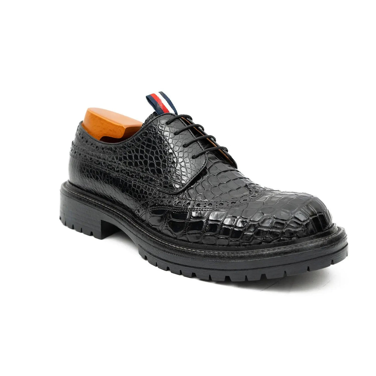Black Wingtip Crocodile Leather Derby Shoes