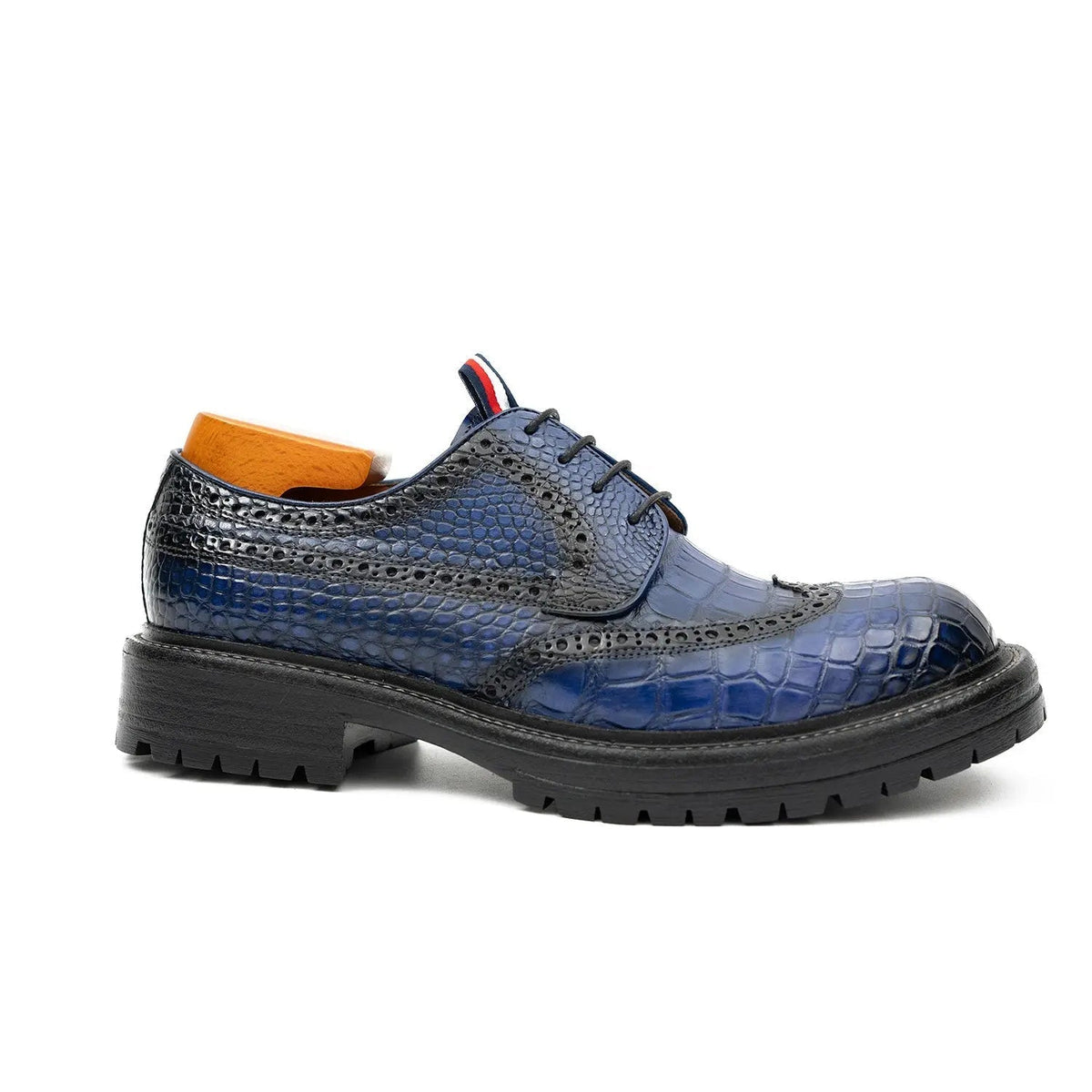 Blue Wingtip Crocodile Leather Derby Shoes