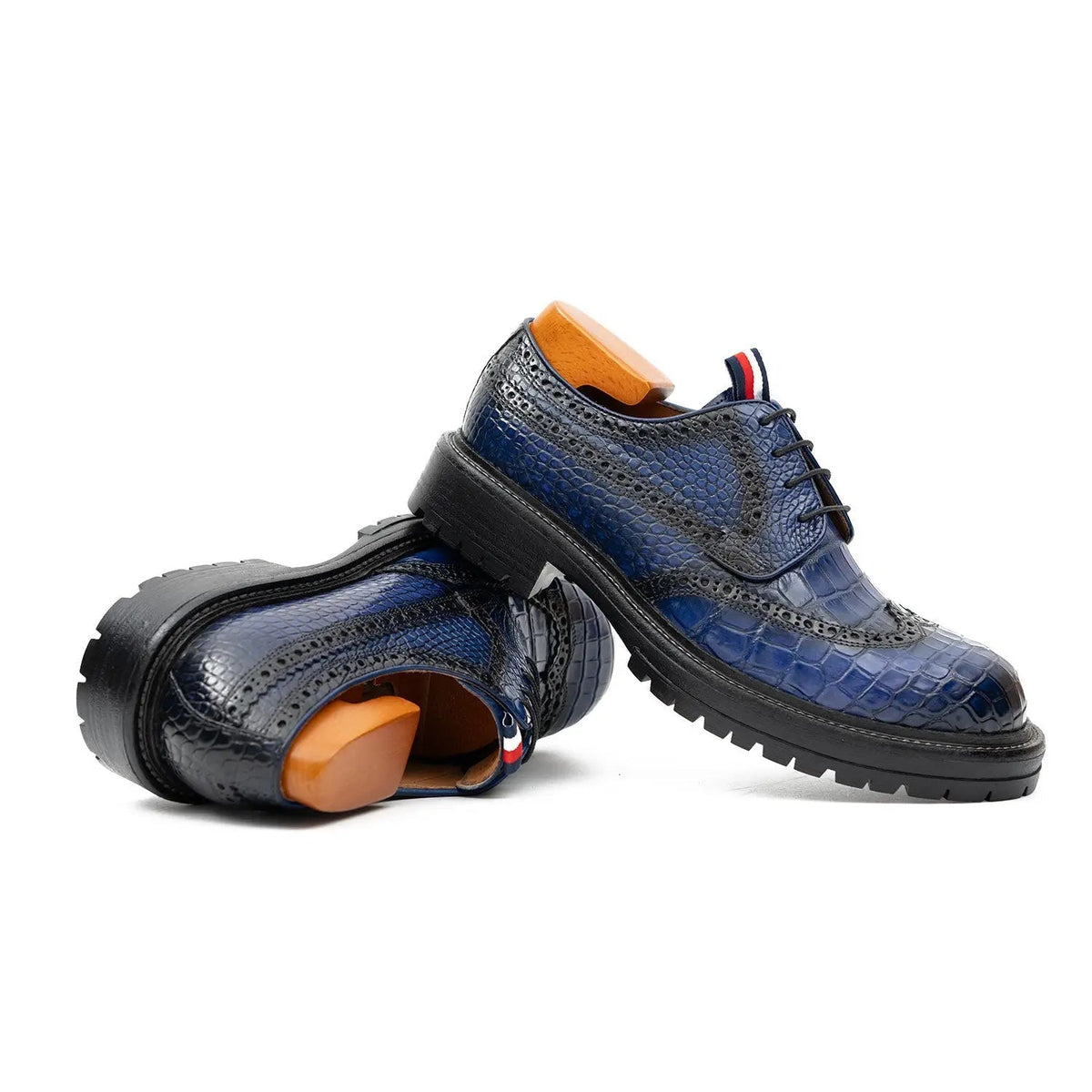 Blue Wingtip Crocodile Leather Derby Shoes