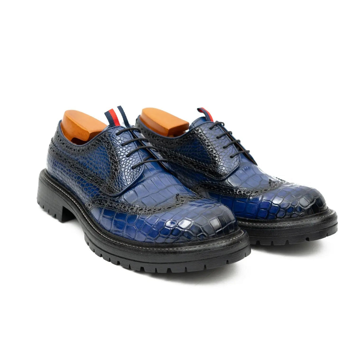 Blue Wingtip Crocodile Leather Derby Shoes