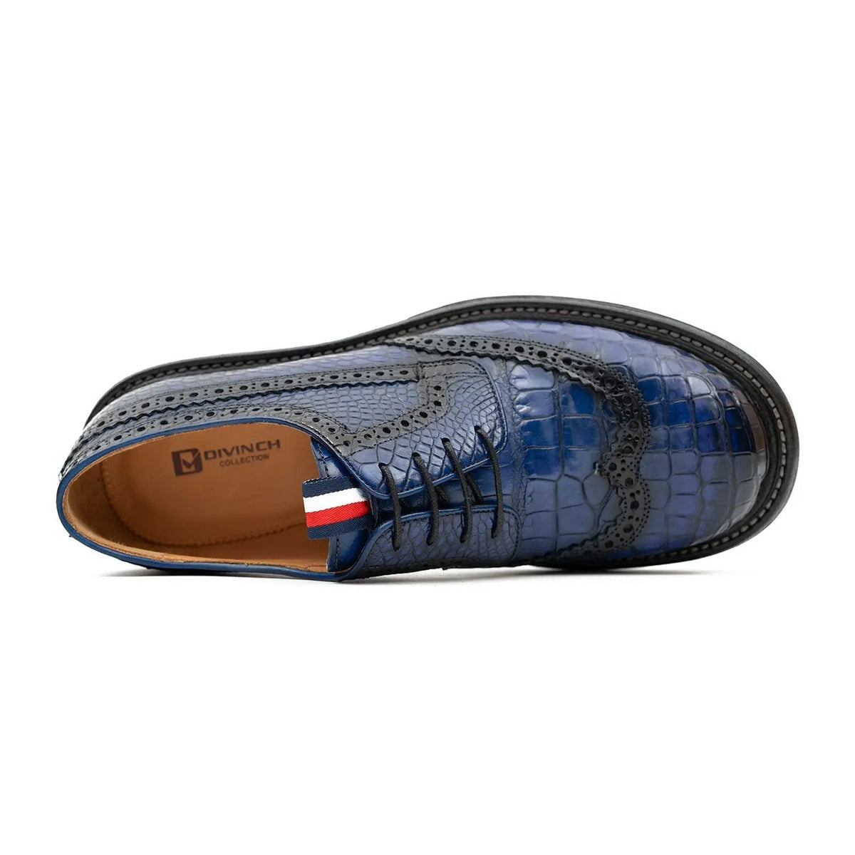 Blue Wingtip Crocodile Leather Derby Shoes