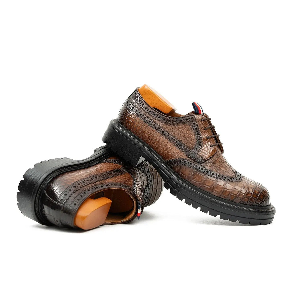 Brown Wingtip Crocodile Leather Derby Shoes