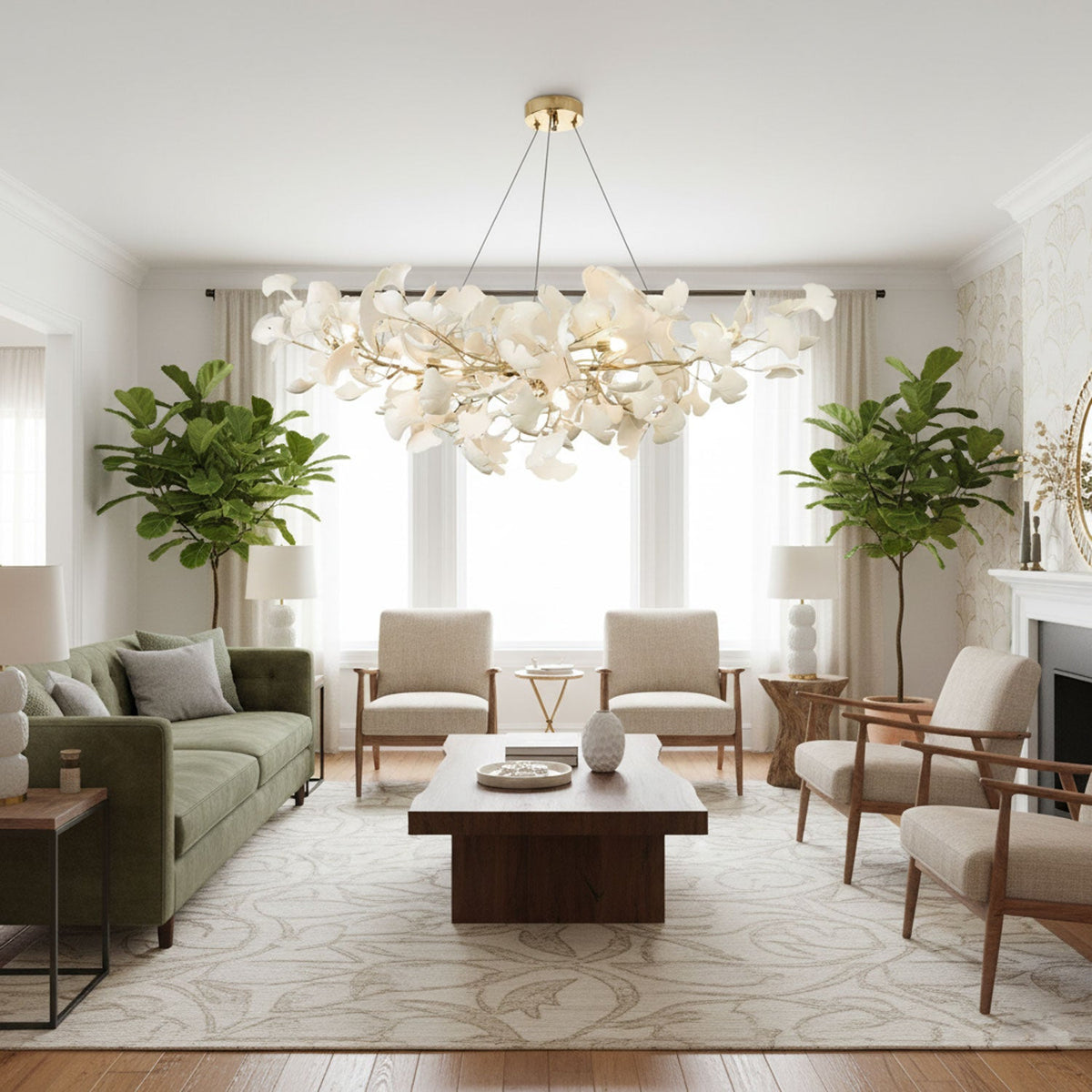 Porcelain Ginkgo Leaf Linear Chandelier with Flexible Branches | Dining Table Light