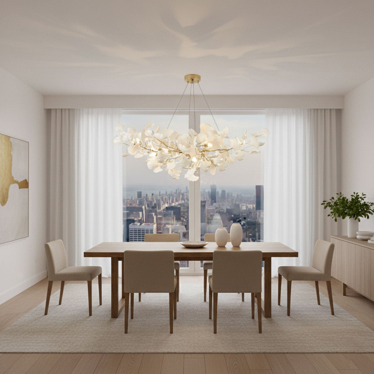 Porcelain Ginkgo Leaf Linear Chandelier with Flexible Branches | Dining Table Light