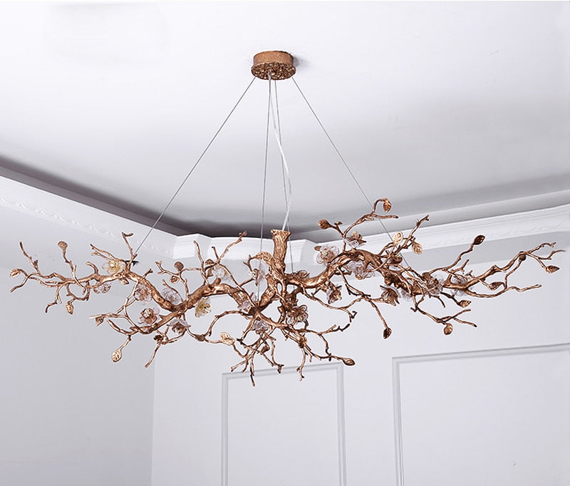 Lámpara de araña de rama de árbol con flores de cristal