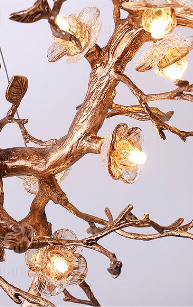 Lámpara de araña de rama de árbol con flores de cristal