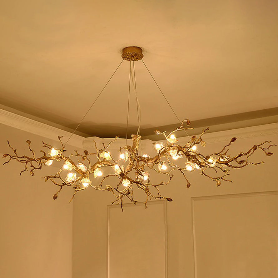 Lámpara de araña de rama de árbol con flores de cristal
