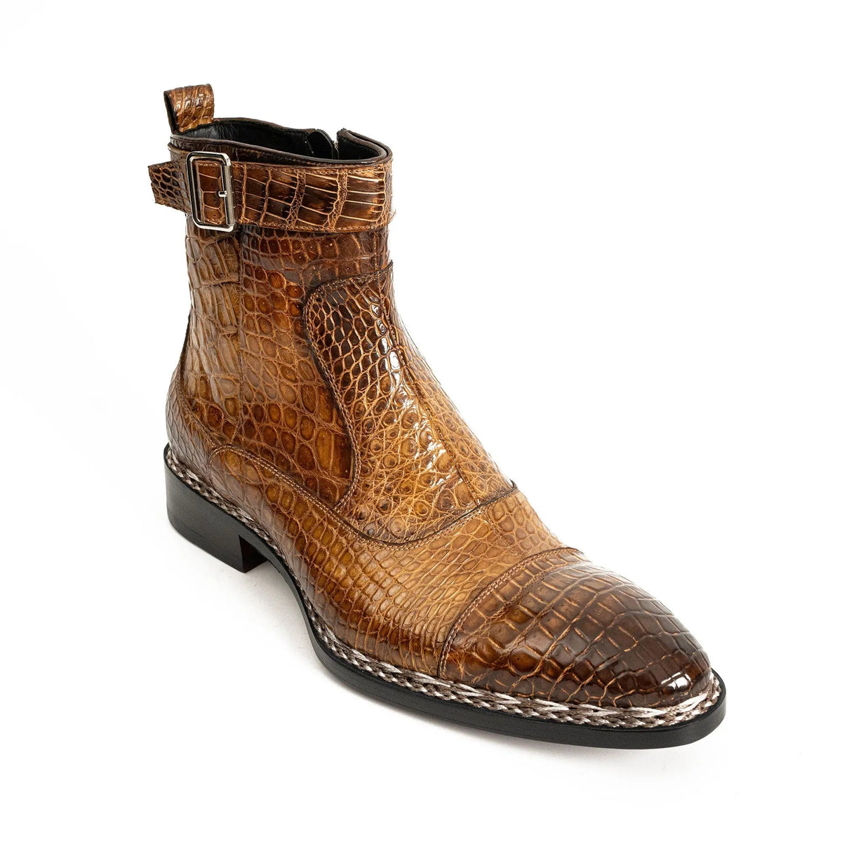 Brown Crocodile Leather Buckle Ankle Boots