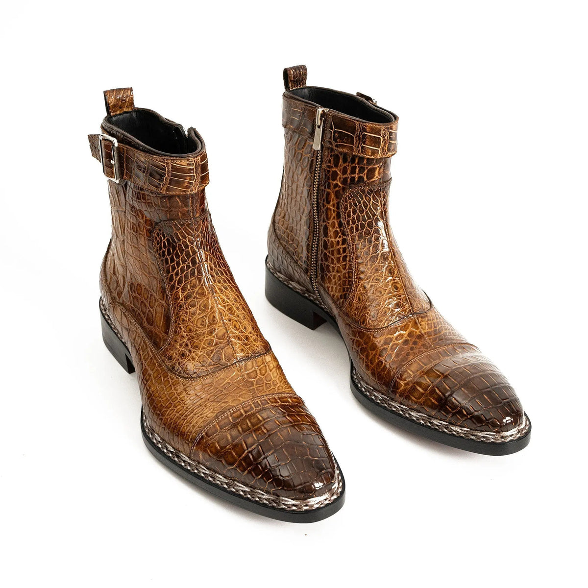 Brown Crocodile Leather Buckle Ankle Boots