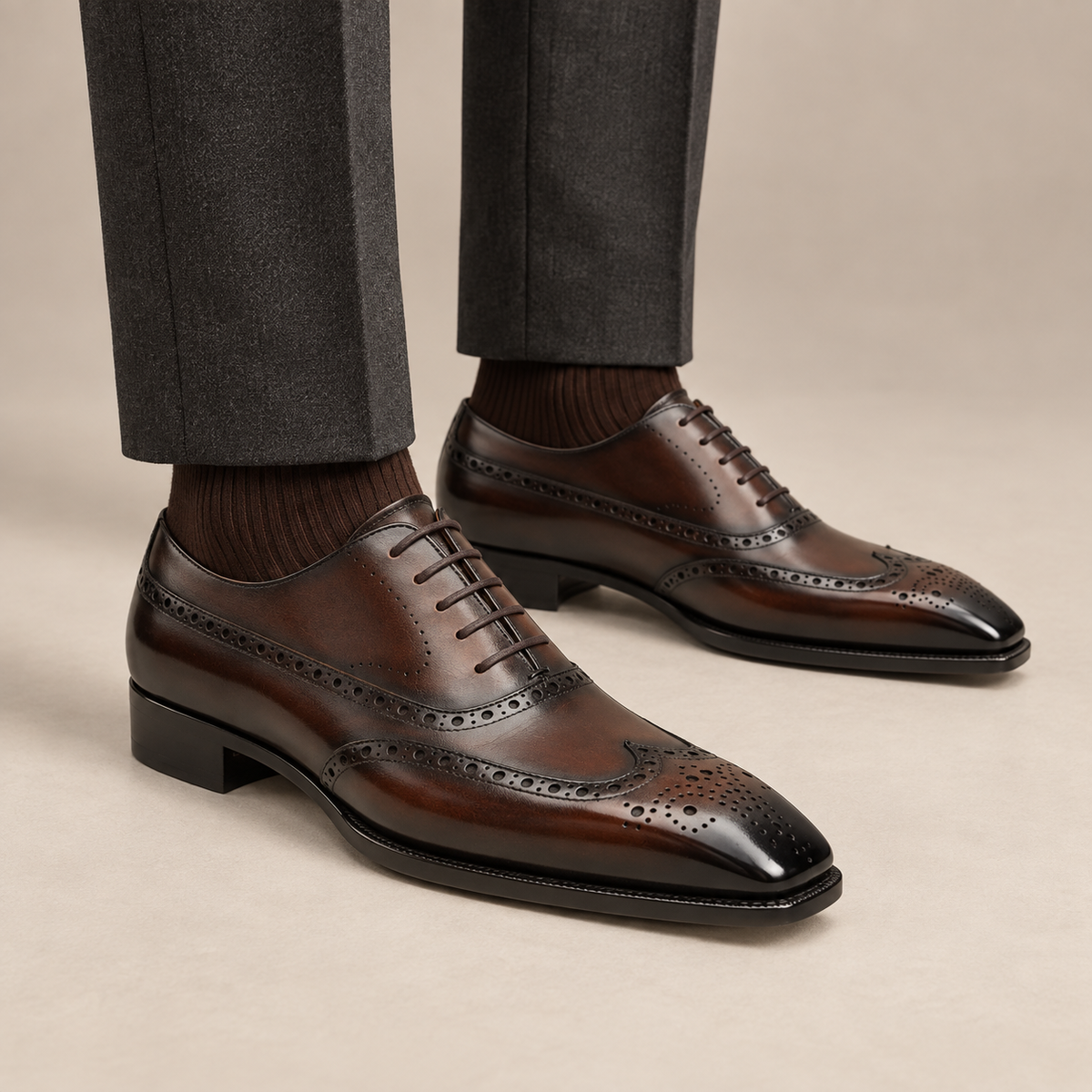 Glossy Wingtip Oxford Shoe with Tapered Squared Toe