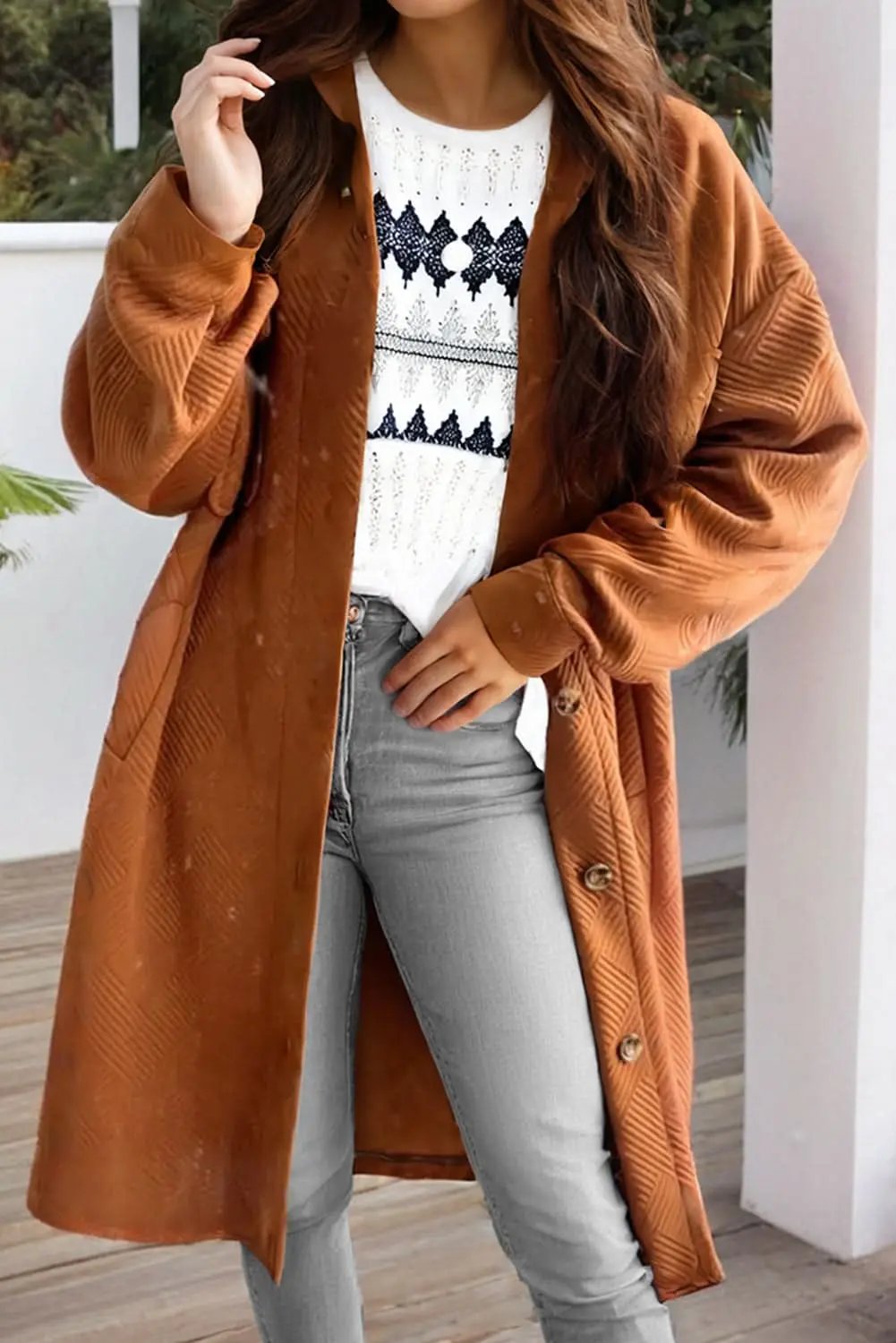 Jackets Love Salve Gold Duster Coat Women's Casual Textured Cardigan - Buttoned & Stylish