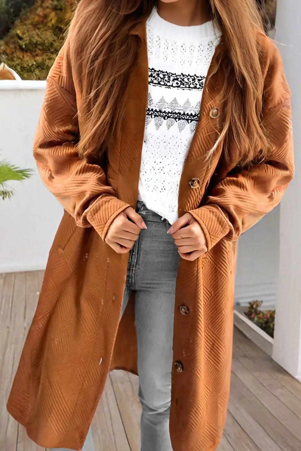 Jackets Love Salve Gold Duster Coat Women's Casual Textured Cardigan - Buttoned & Stylish
