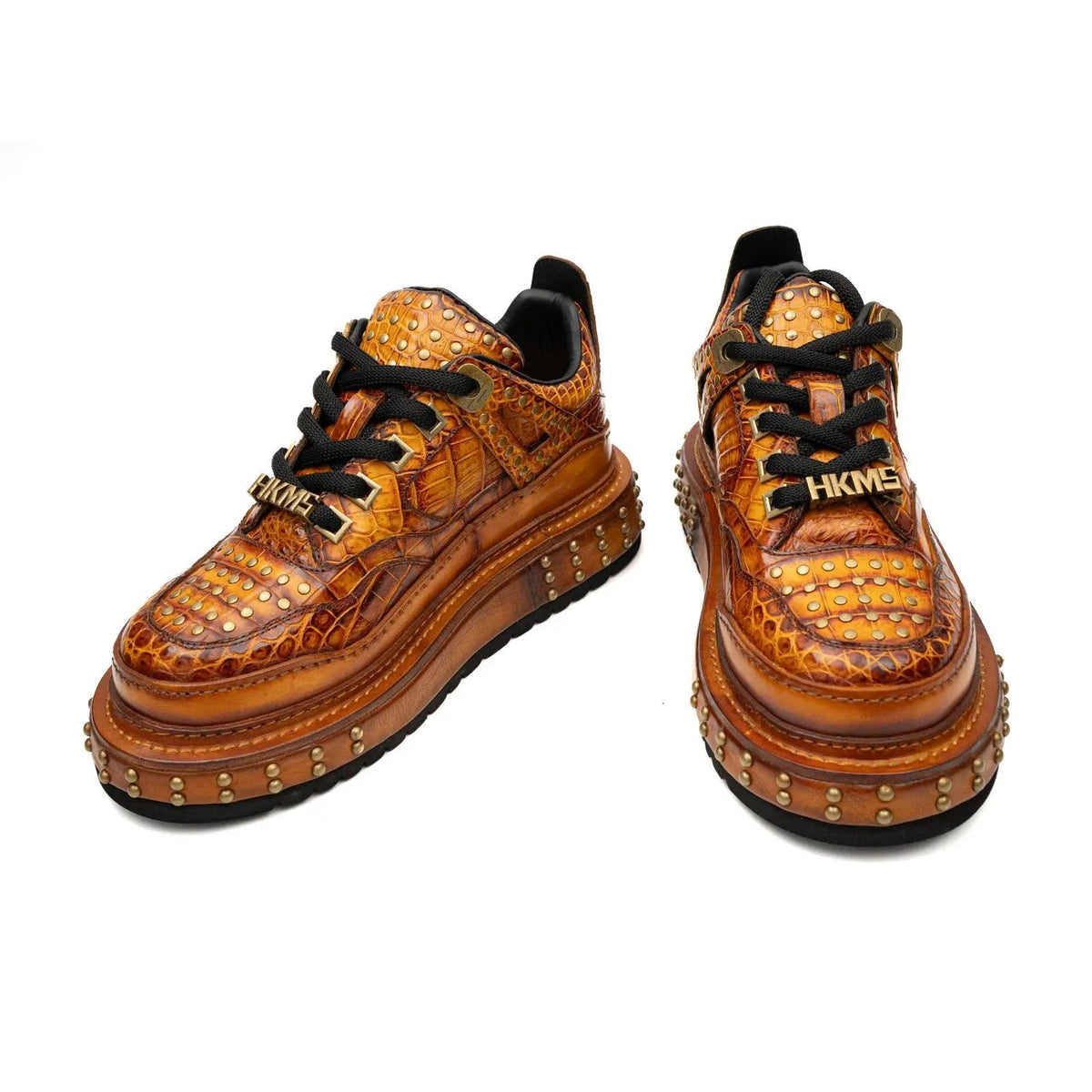 Orange Studded Crocodile Leather Sneakers