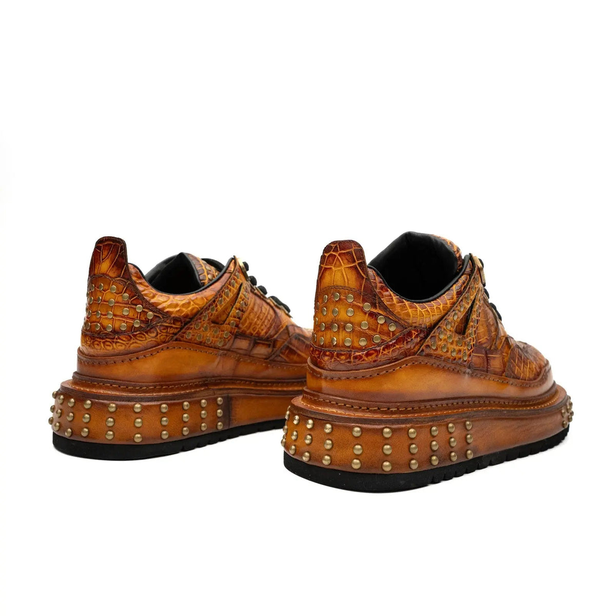 Orange Studded Crocodile Leather Sneakers
