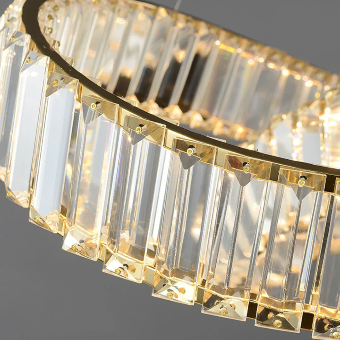Lámpara de Araña de Cristal Redonda con Anillo Dorado