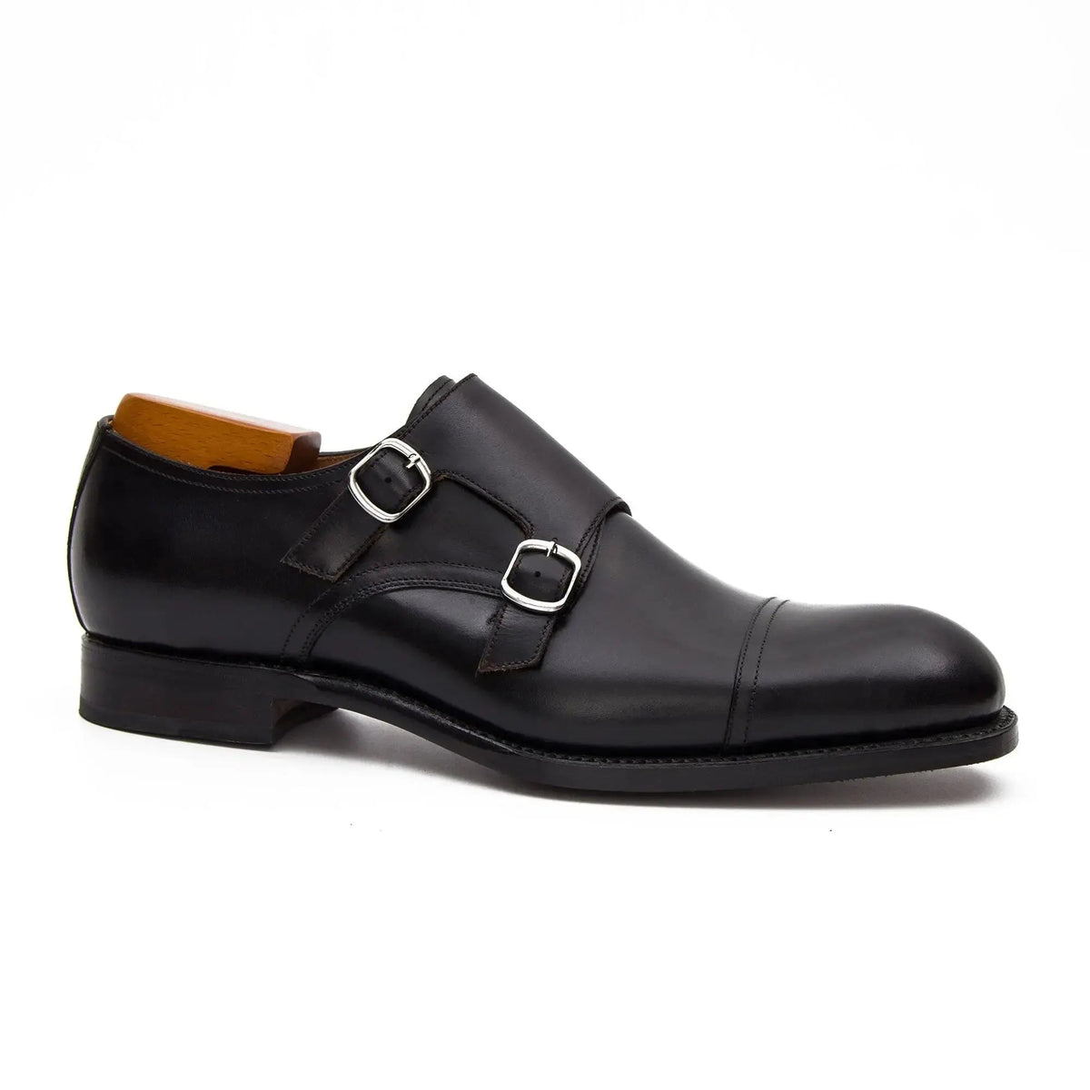 Black Cap-Toe Cow Leather Monk Shoes