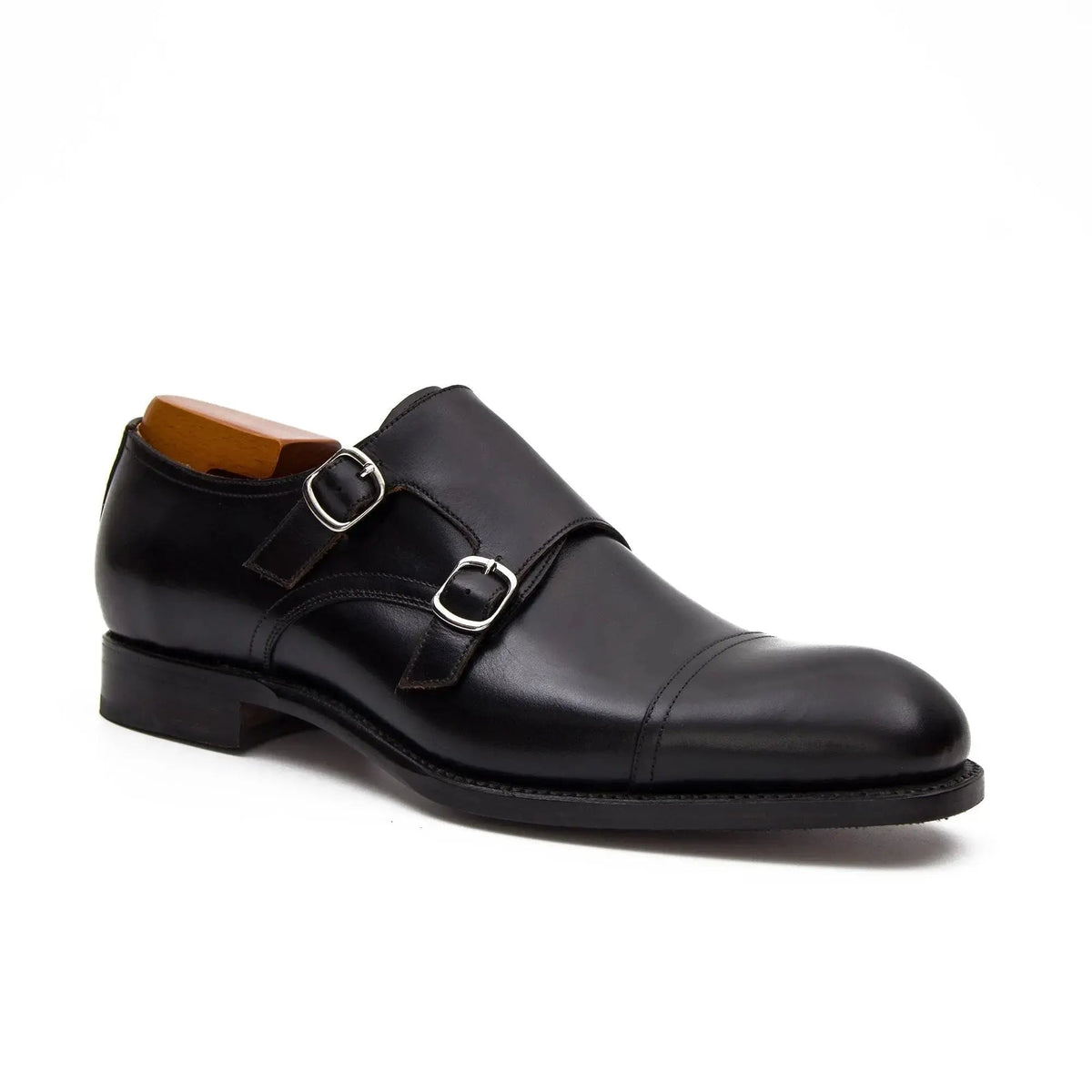 Black Cap-Toe Cow Leather Monk Shoes