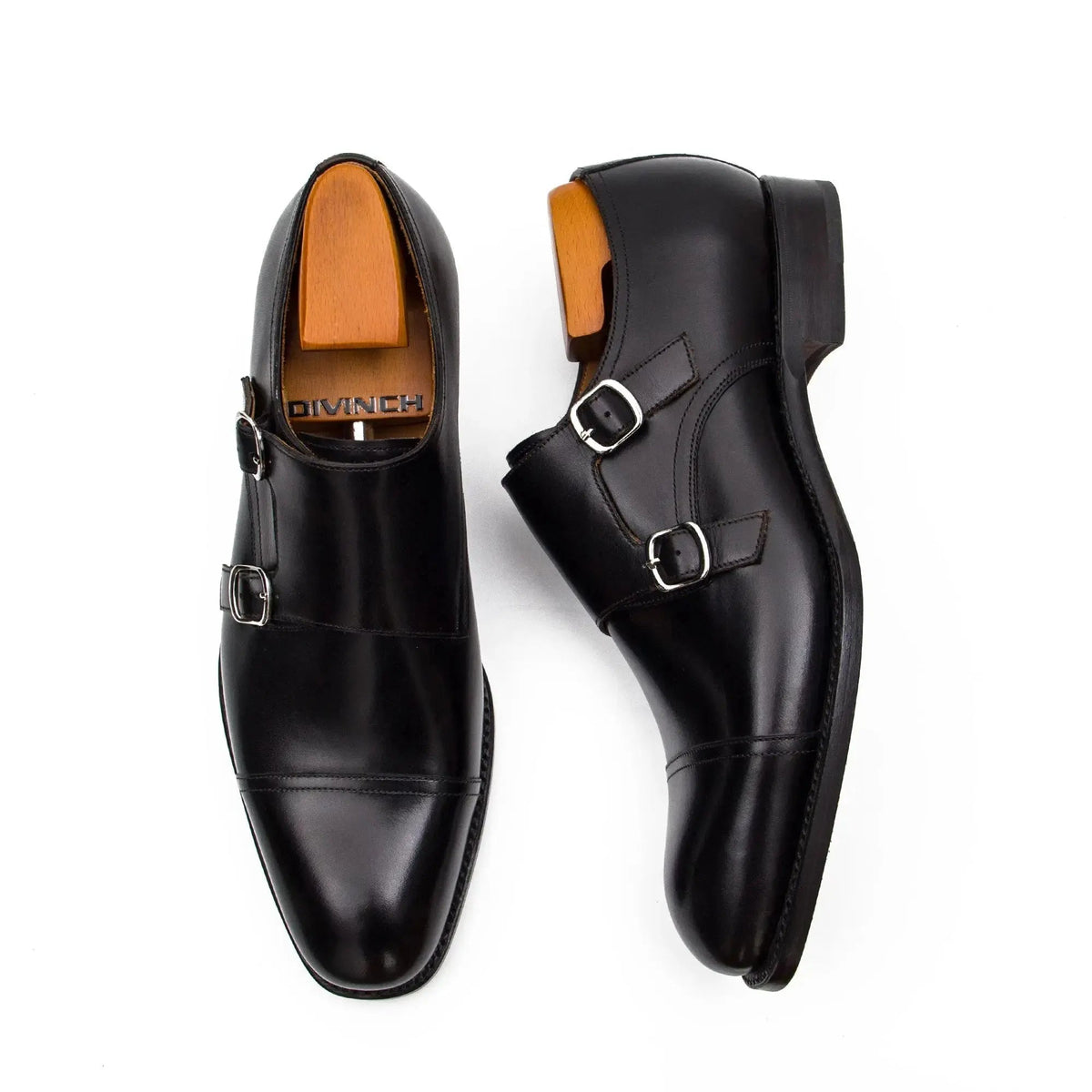 Black Cap-Toe Cow Leather Monk Shoes