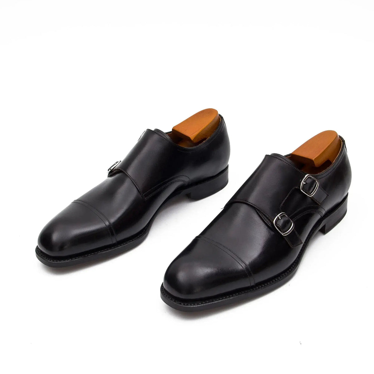 Black Cap-Toe Cow Leather Monk Shoes