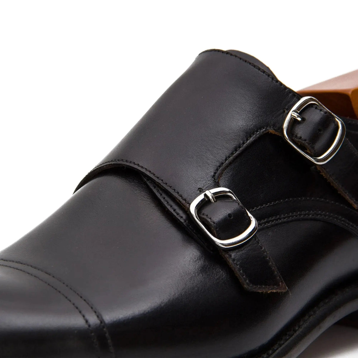 Black Cap-Toe Cow Leather Monk Shoes