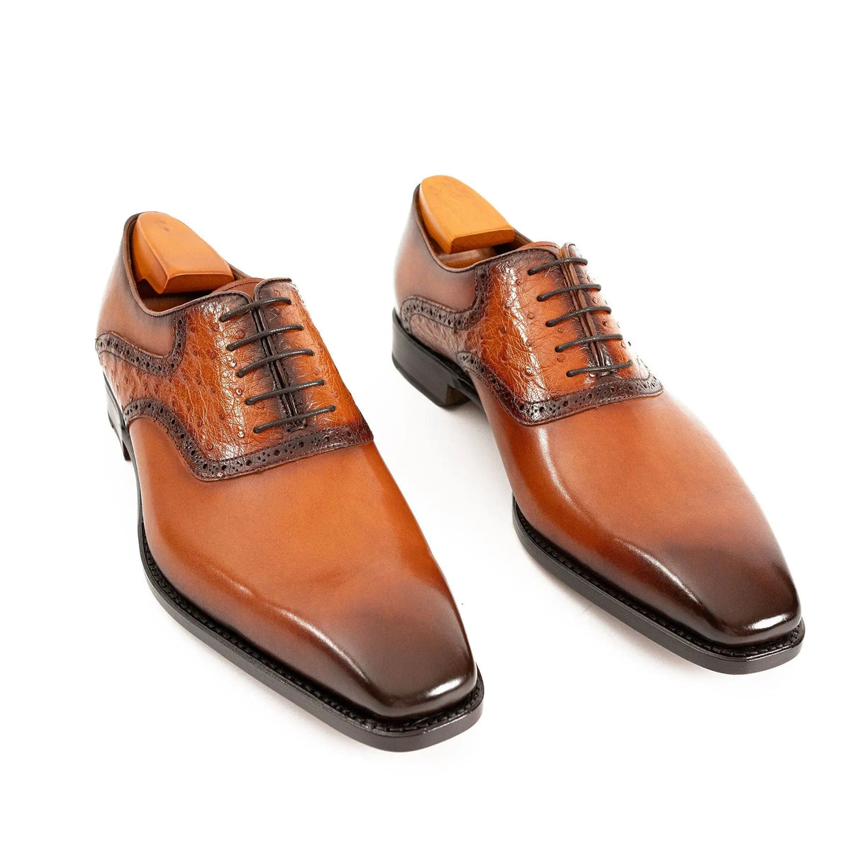 Orange-Brown Square-Toe Cow Leather Oxford Shoes